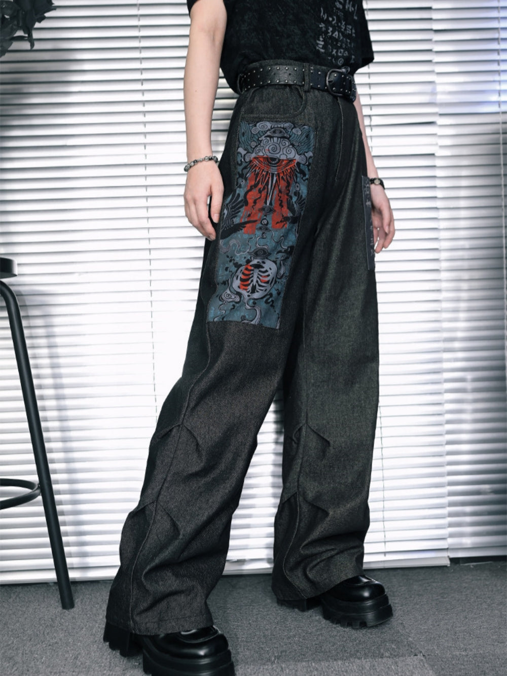 Graphic Patchwork Distressed Wide Leg Pants