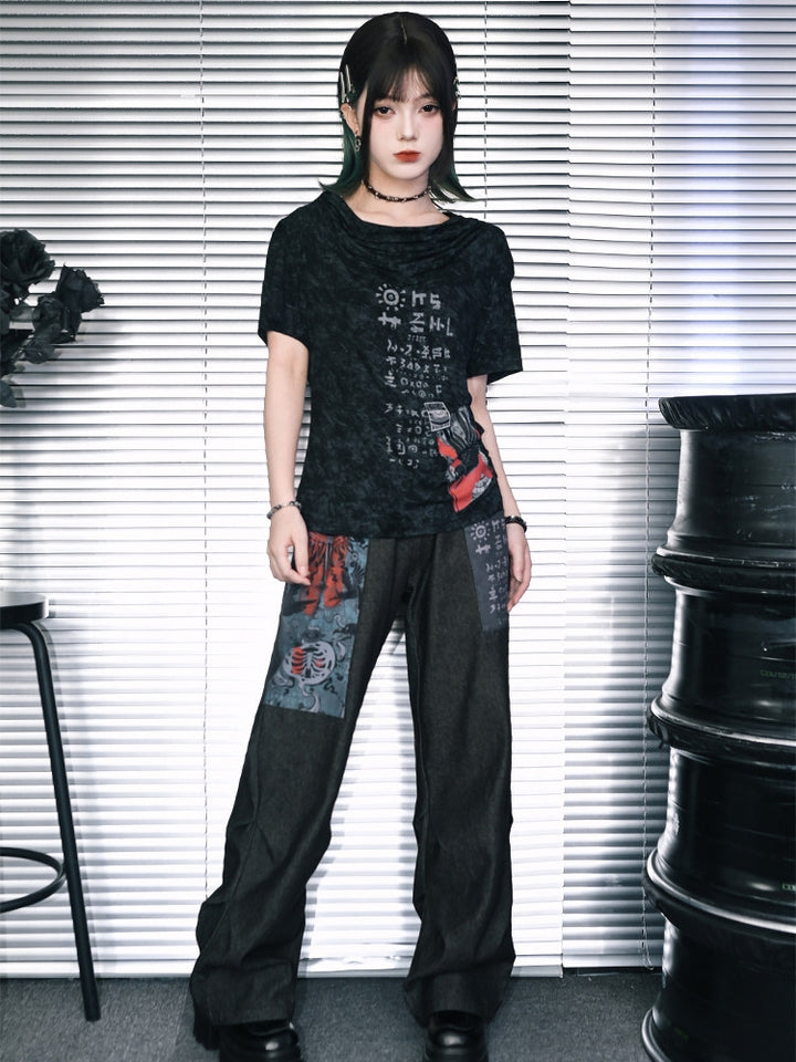 Graphic Patchwork Distressed Wide Leg Pants