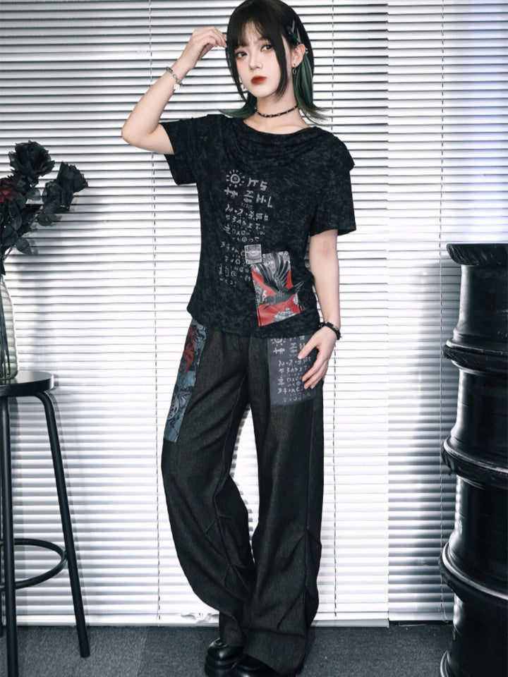 Graphic Patchwork Distressed Wide Leg Pants