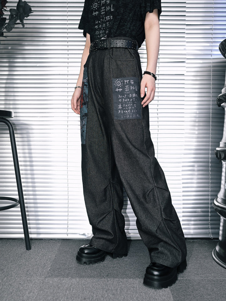Graphic Patchwork Distressed Wide Leg Pants