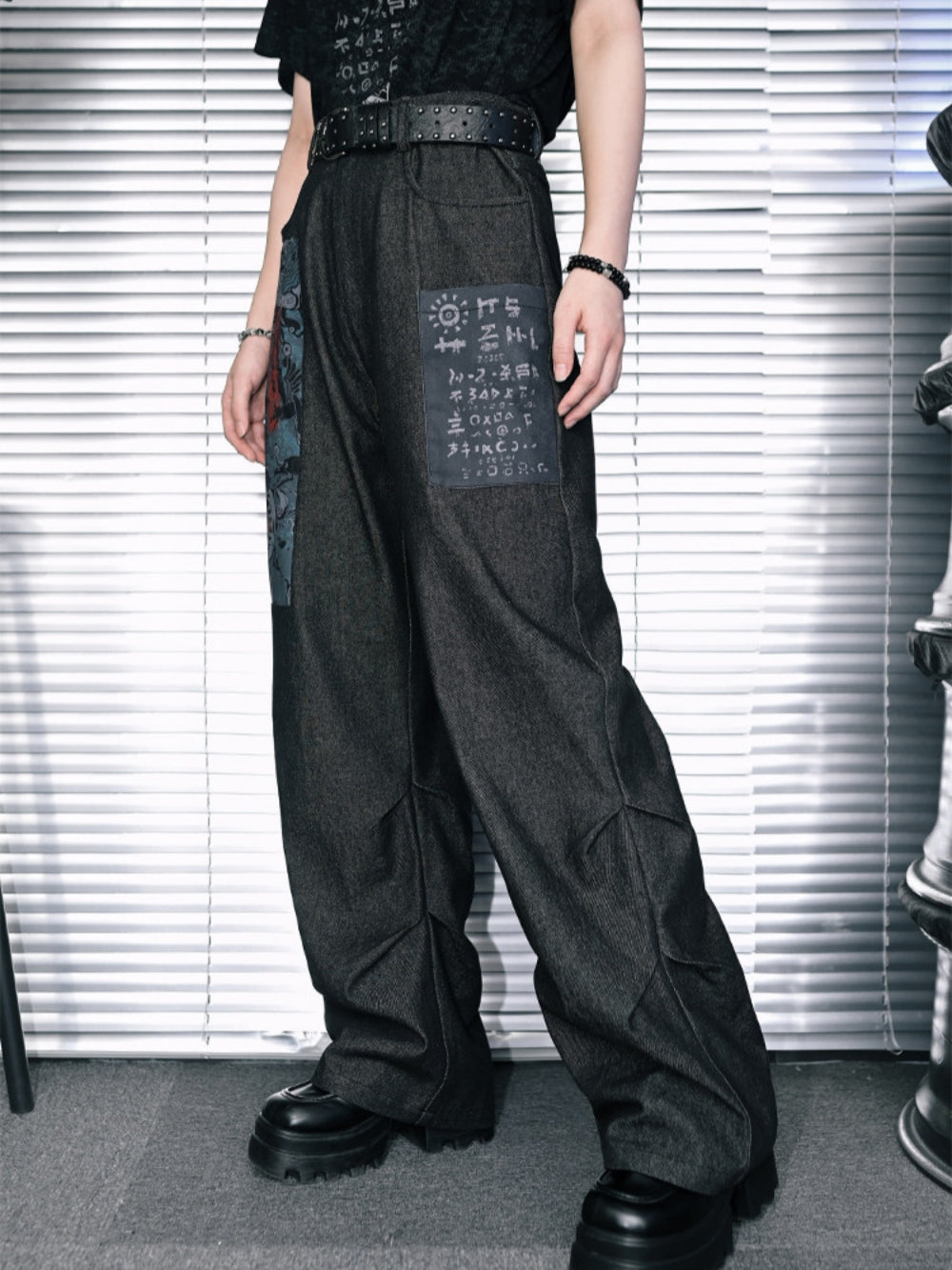 Graphic Patchwork Distressed Wide Leg Pants