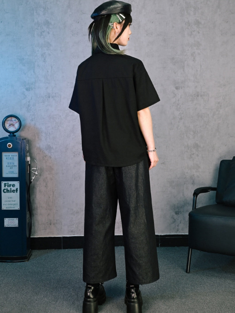 Cyber Doodle Print Wide Leg Denim Pants