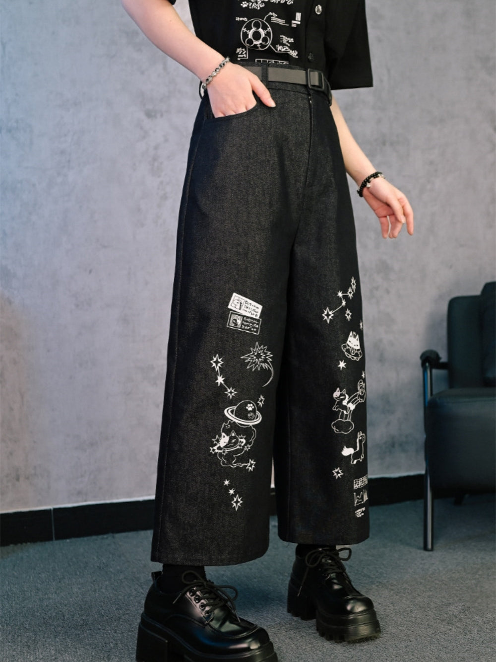 Cyber Doodle Print Wide Leg Denim Pants