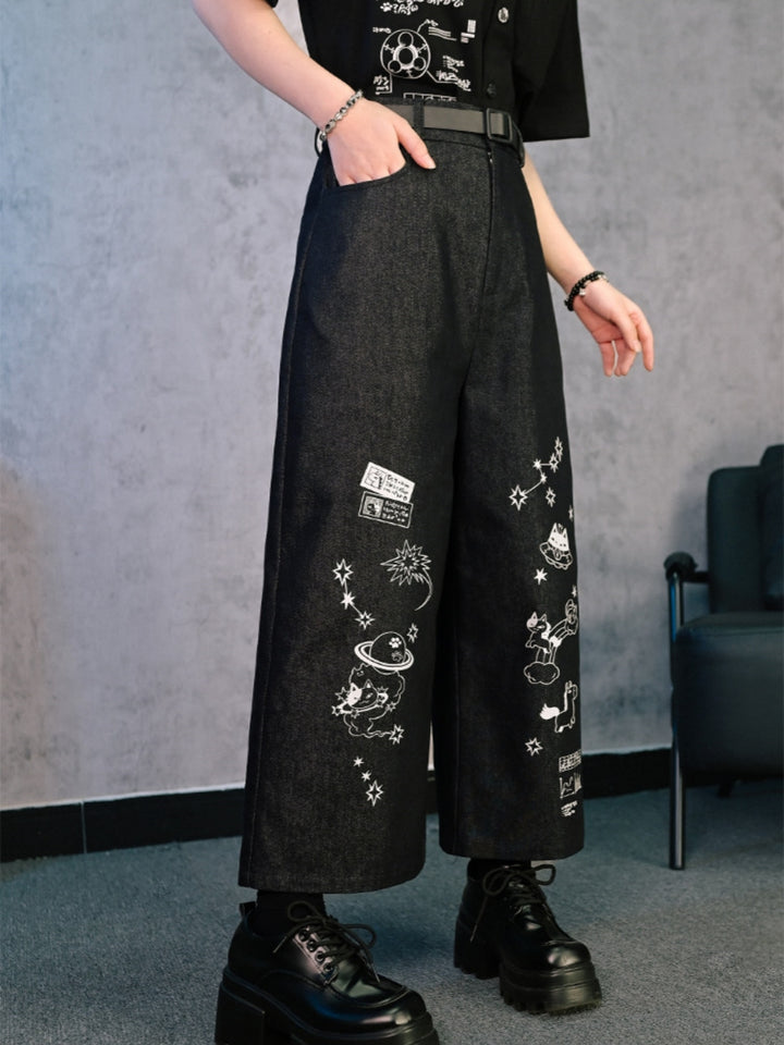 Cyber Doodle Print Wide Leg Denim Pants