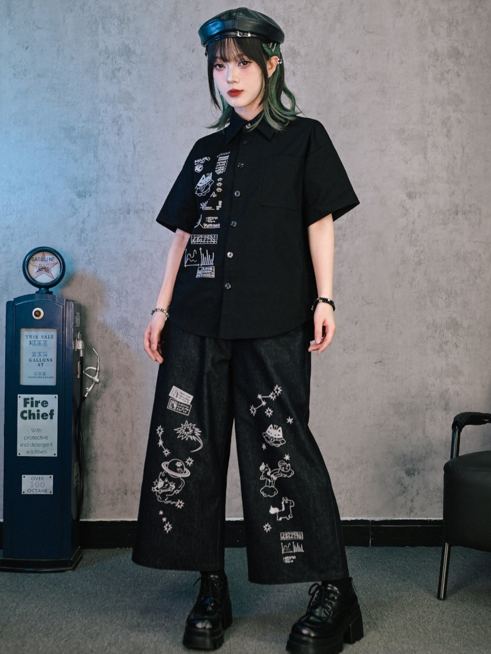 Cyber Doodle Print Wide Leg Denim Pants