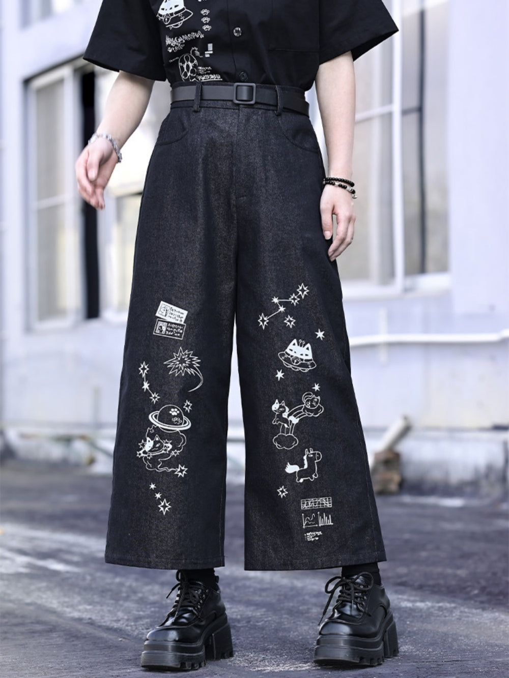 Cyber Doodle Print Wide Leg Denim Pants