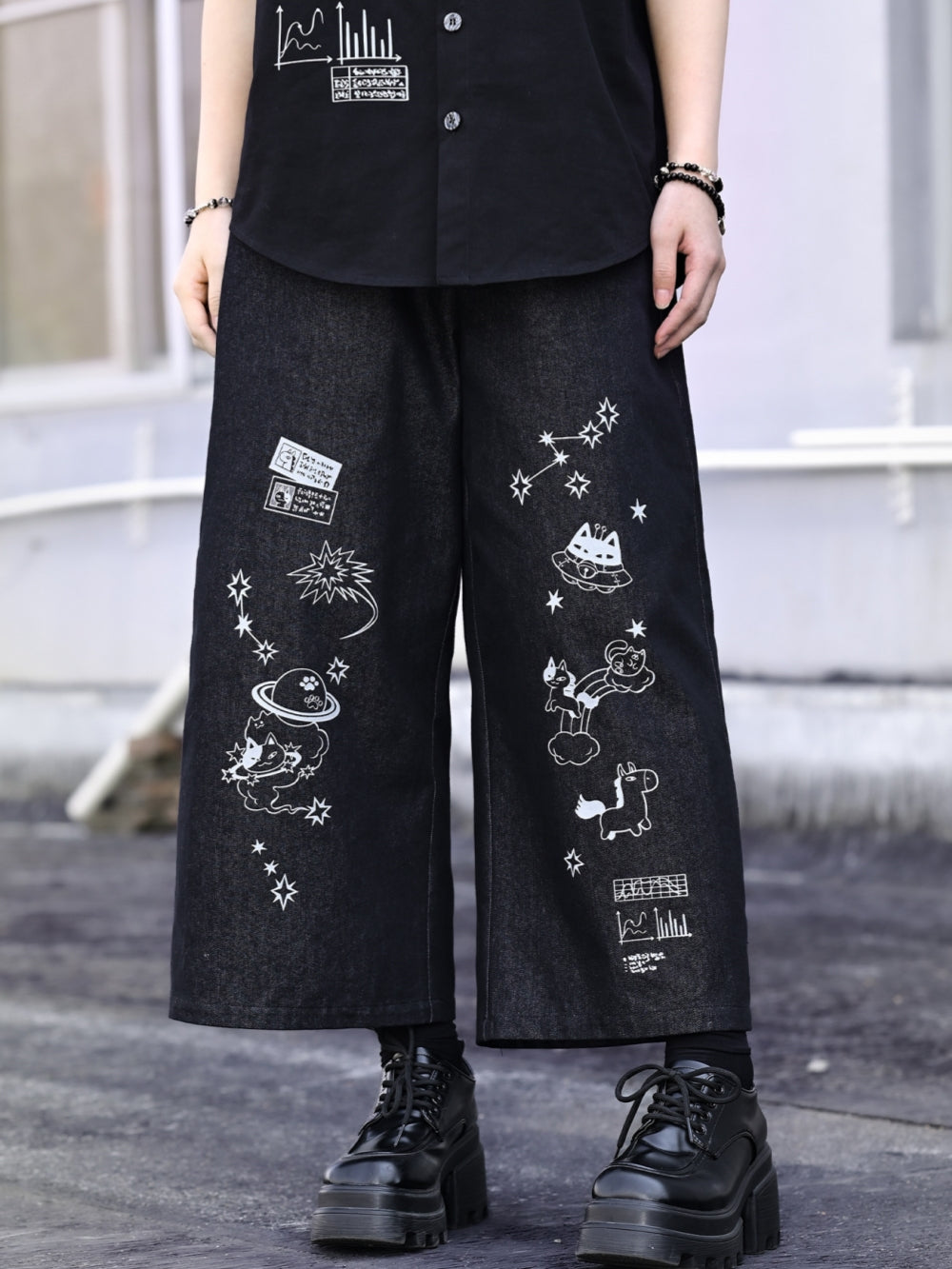 Cyber Doodle Print Wide Leg Denim Pants