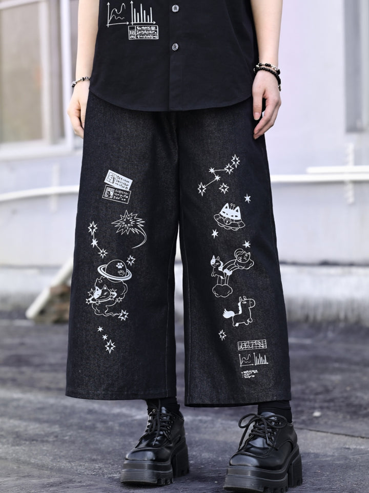 Cyber Doodle Print Wide Leg Denim Pants