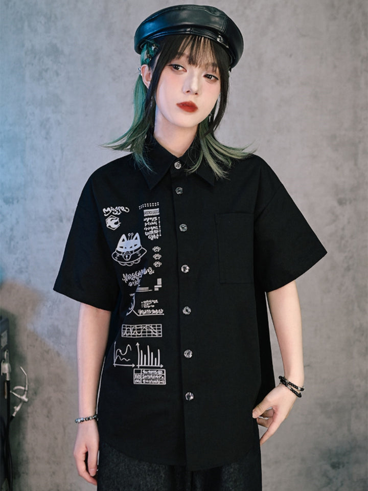 Cyber Doodle Print Short Sleeve Button Shirt