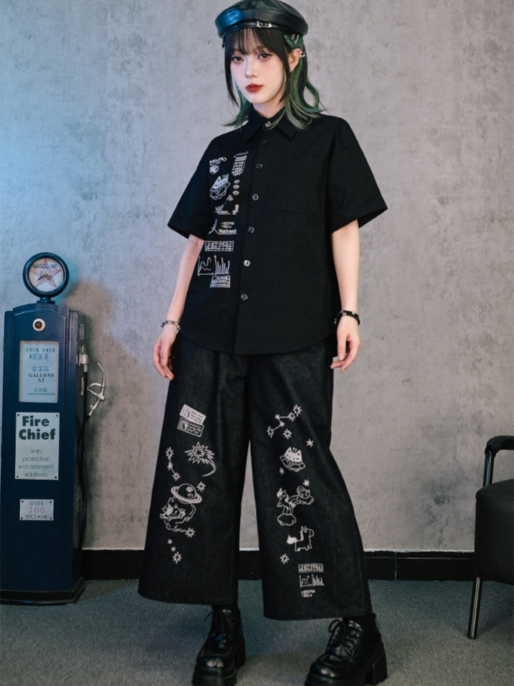 Cyber Doodle Print Short Sleeve Button Shirt