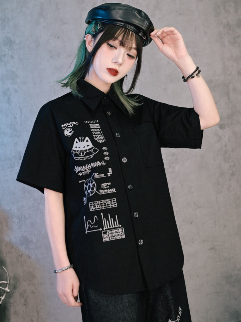Cyber Doodle Print Short Sleeve Button Shirt