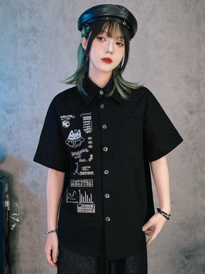 Cyber Doodle Print Short Sleeve Button Shirt