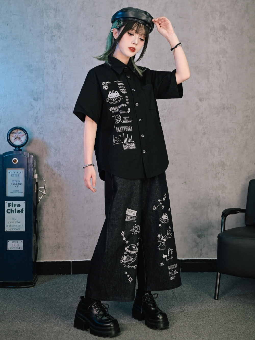 Cyber Doodle Print Short Sleeve Button Shirt