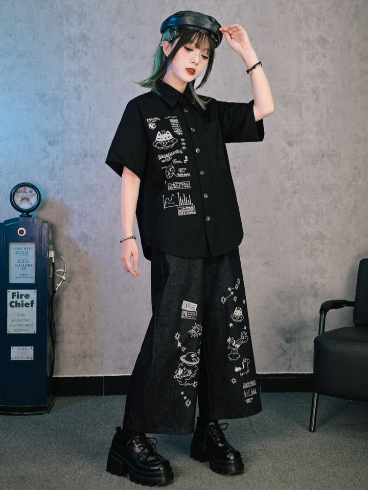 Cyber Doodle Print Short Sleeve Button Shirt