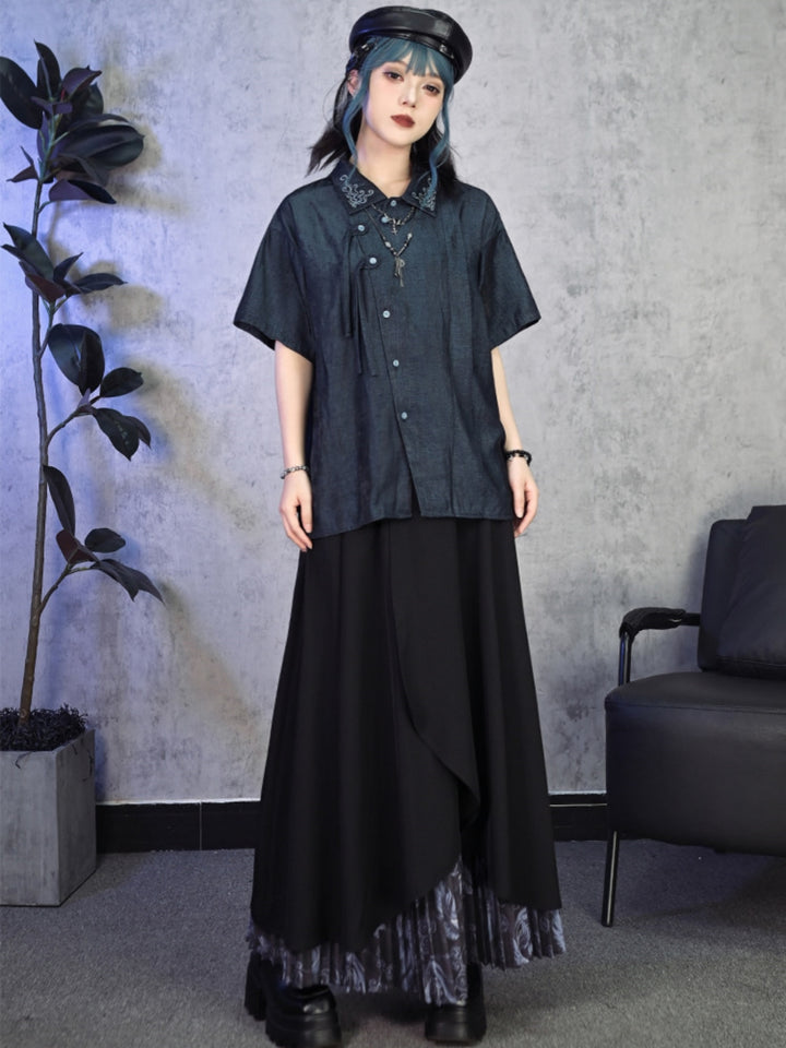 Cyber-Punk Frog Button Asymmetric Street Shirt