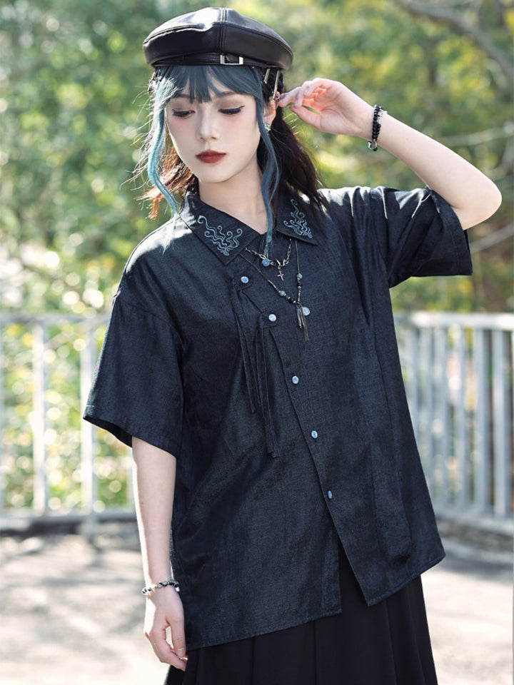 Cyber-Punk Frog Button Asymmetric Street Shirt
