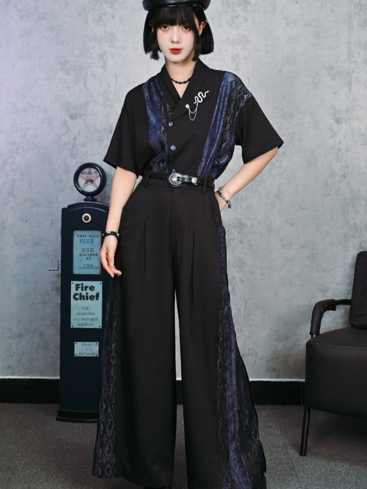 Blue Snakeskin Wide-Leg Trousers