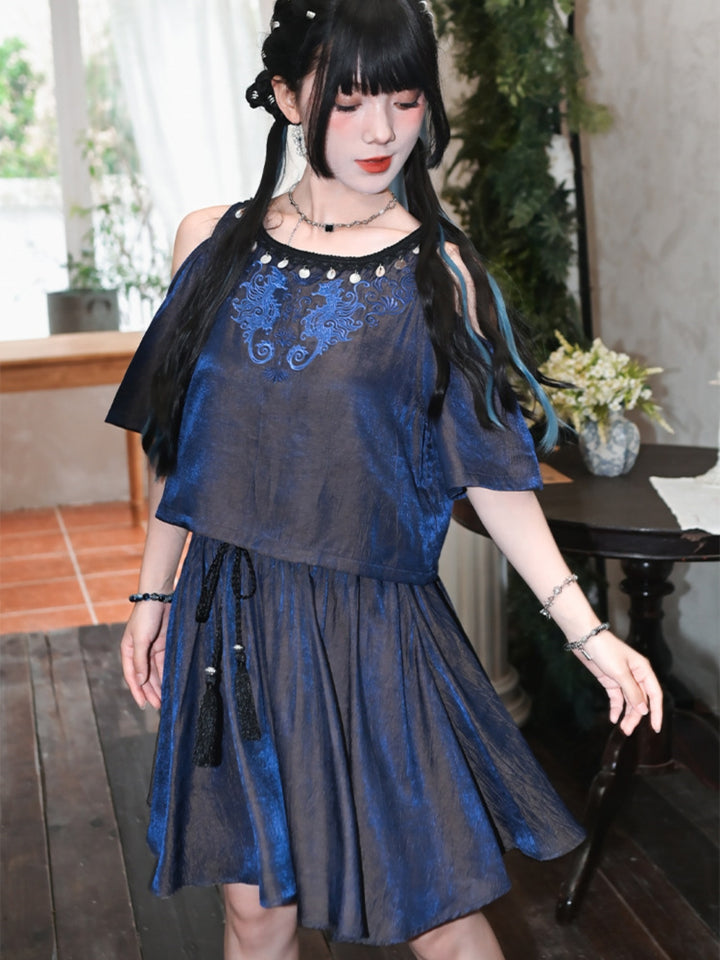 Iridescent Harajuku Embroidered Top Skirt
