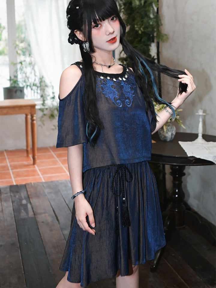 Iridescent Harajuku Embroidered Top Skirt