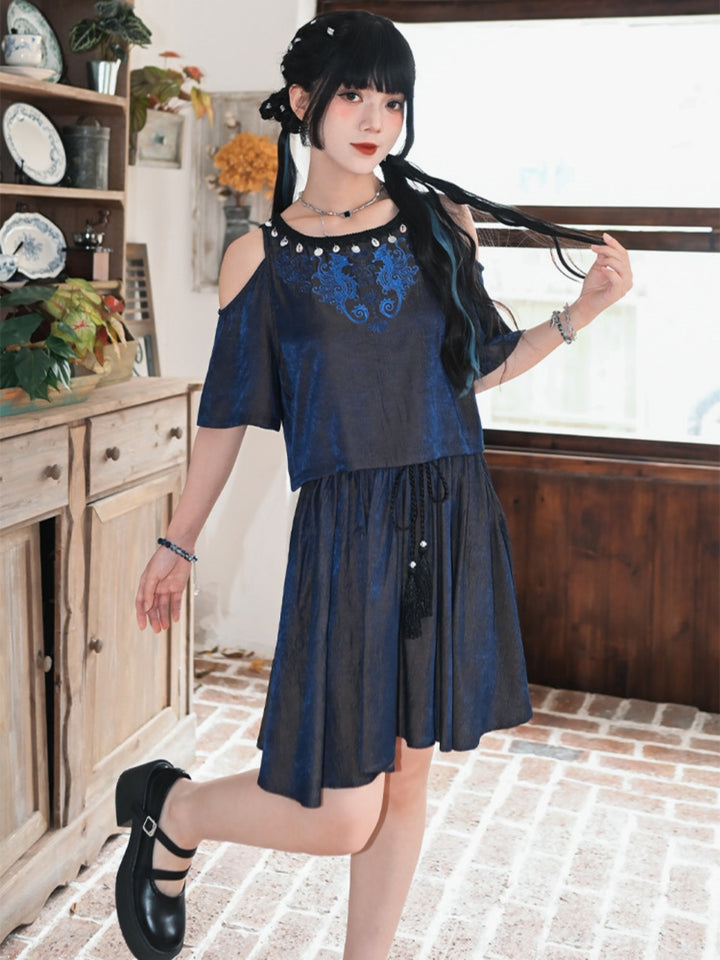 Iridescent Harajuku Embroidered Top Skirt
