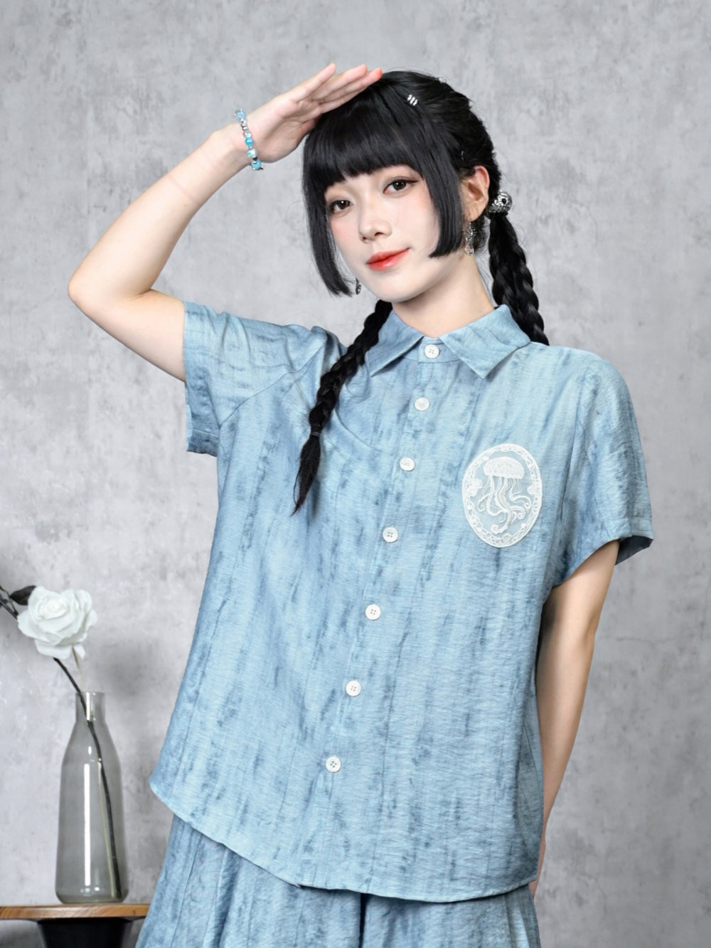 Jellyfish Badge Bleached Texture Button Shirt Skirt
