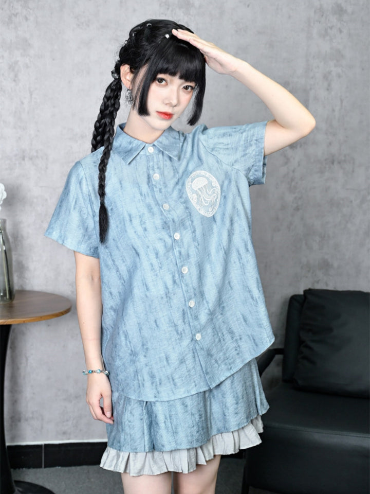 Jellyfish Badge Bleached Texture Button Shirt Skirt
