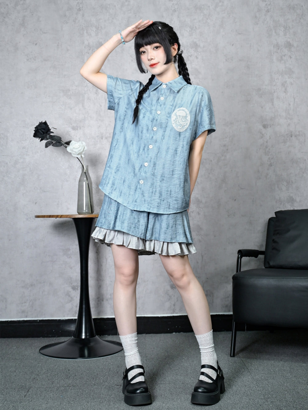 Jellyfish Badge Bleached Texture Button Shirt Skirt