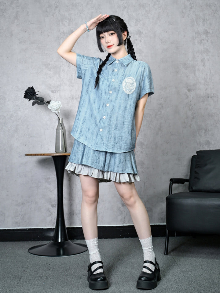 Jellyfish Badge Bleached Texture Button Shirt Skirt