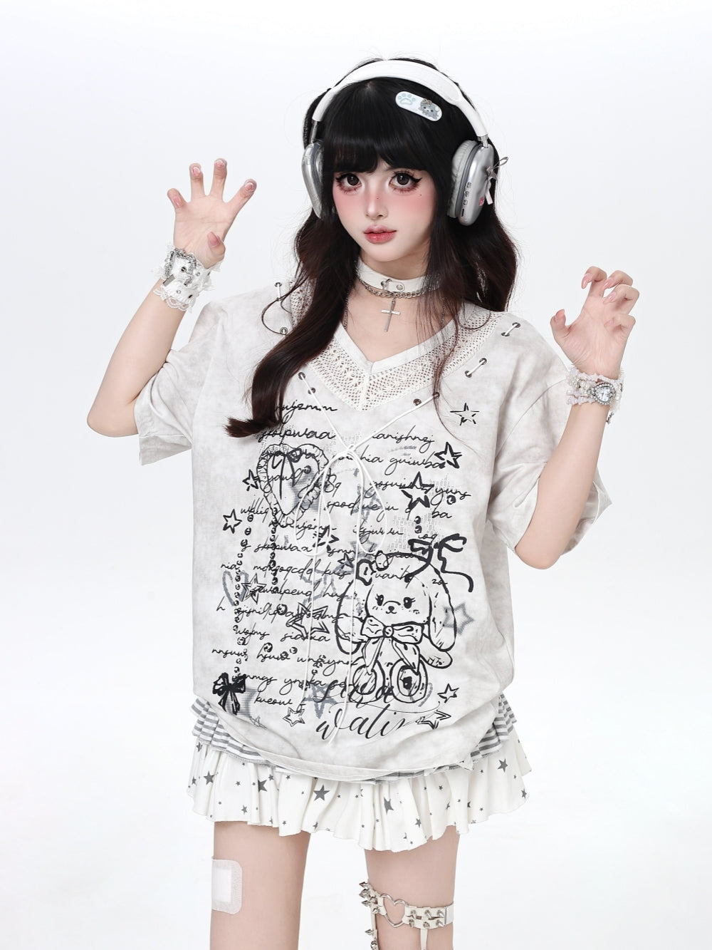 Lace-Up V-Neck Bunny Graphic Oversized Tee
