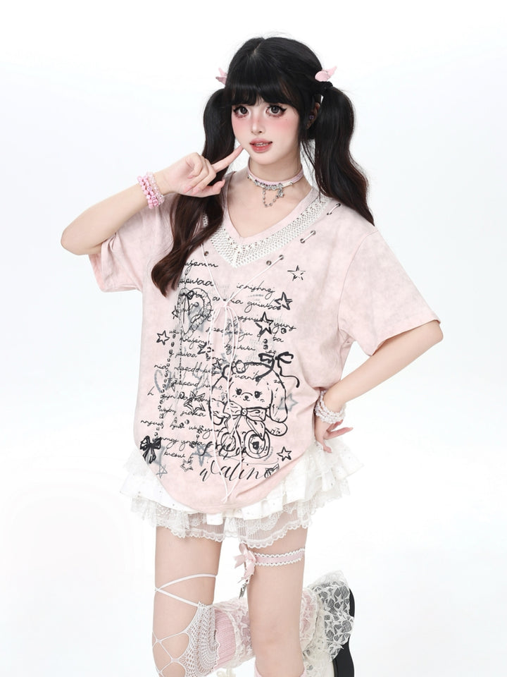 Lace-Up V-Neck Bunny Graphic Oversized Tee