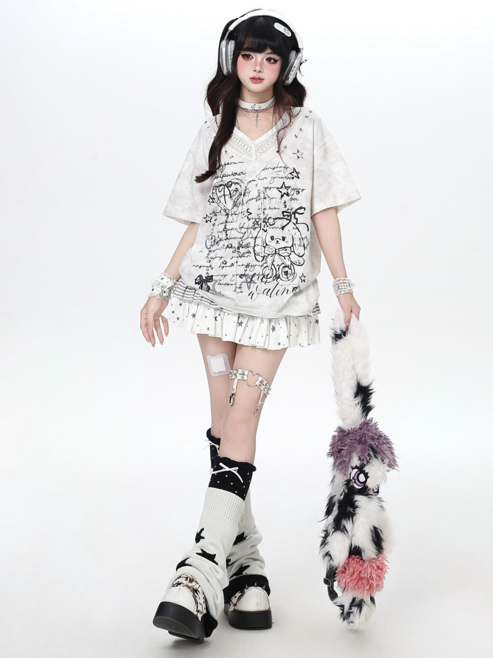 Lace-Up V-Neck Bunny Graphic Oversized Tee