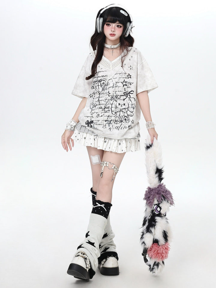 Lace-Up V-Neck Bunny Graphic Oversized Tee