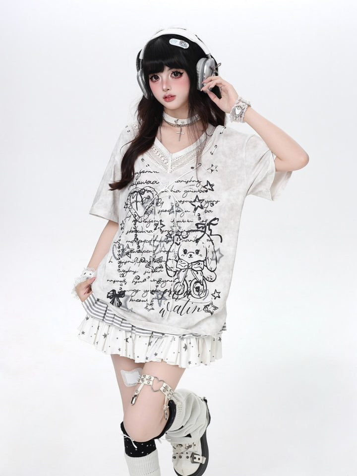 Lace-Up V-Neck Bunny Graphic Oversized Tee