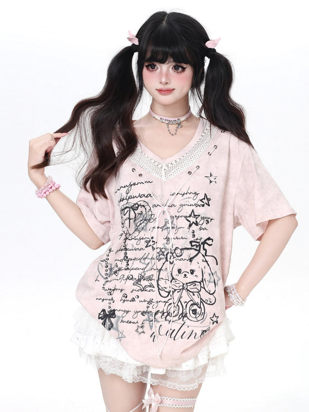 Lace-Up V-Neck Bunny Graphic Oversized Tee