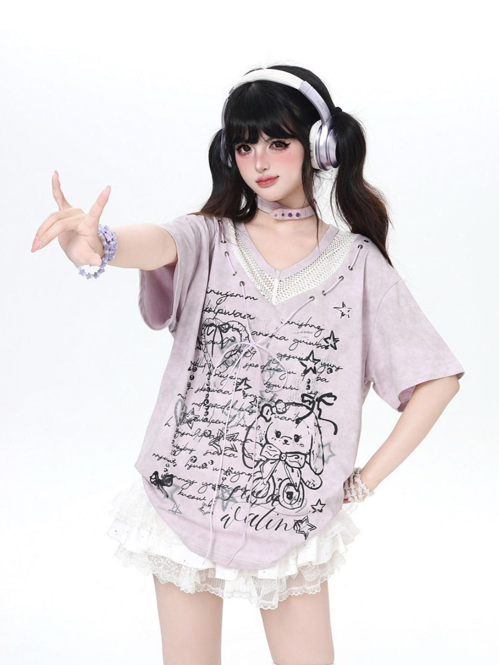 Lace-Up V-Neck Bunny Graphic Oversized Tee