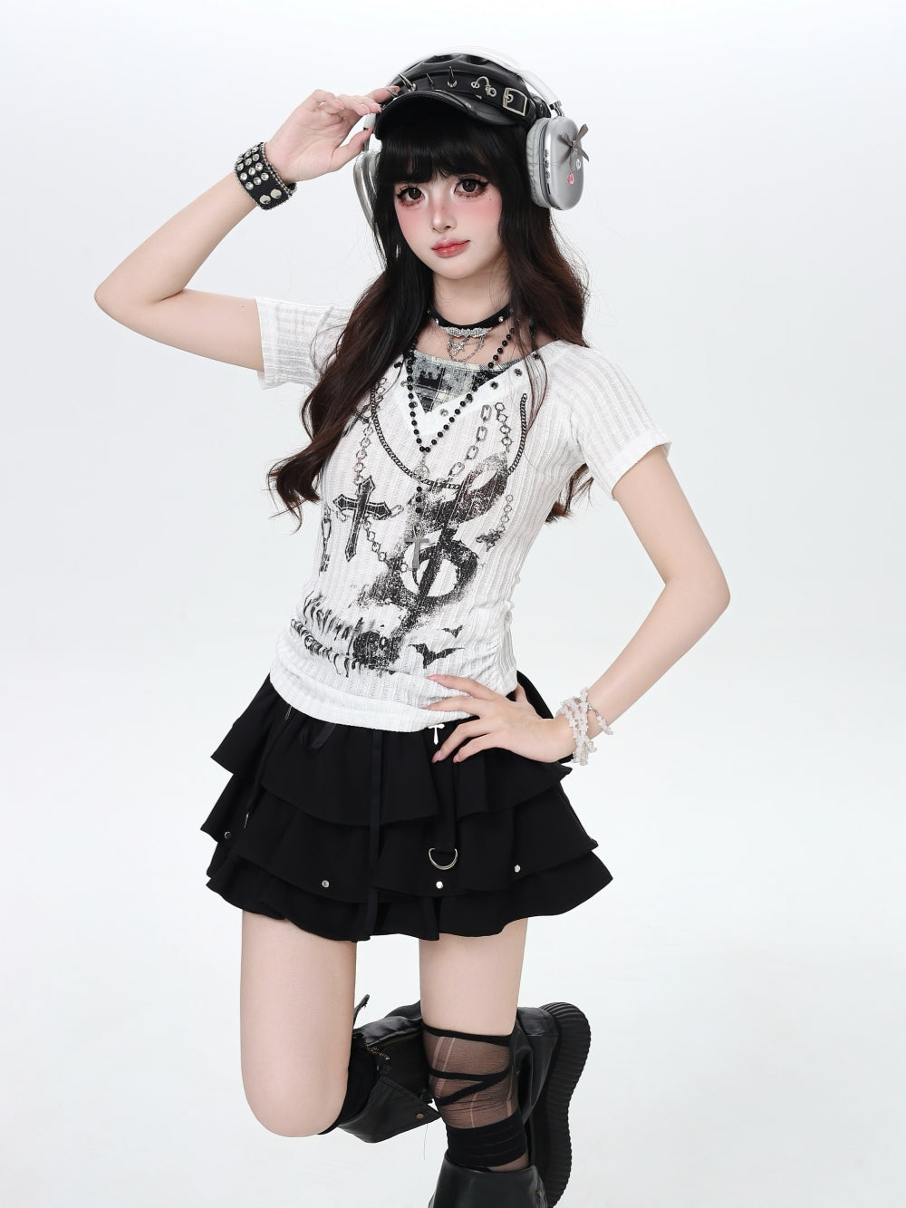 ルシアンペラフィネ　レザースカート　y2k grunge 00s archive Cyber Y2K Grunge Cross Graphic Top | Goth Aesthetic Slim Fit Tee