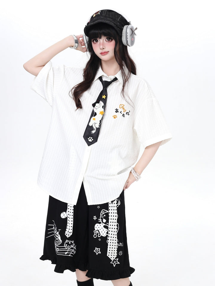 Cat Embroidery Striped Shirt