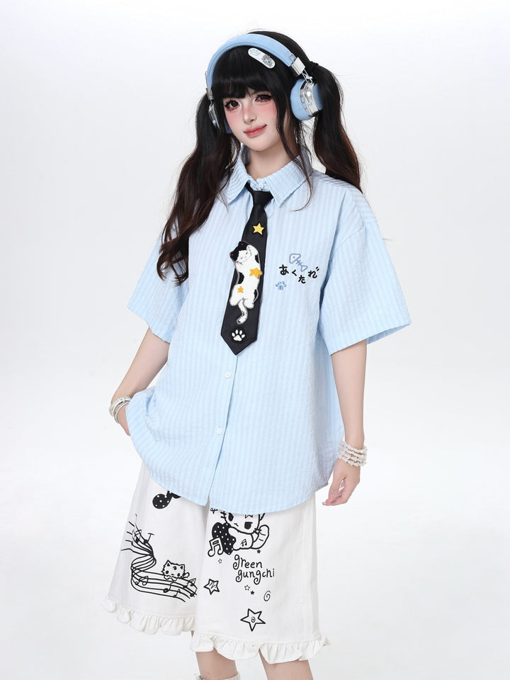 Cat Embroidery Striped Shirt