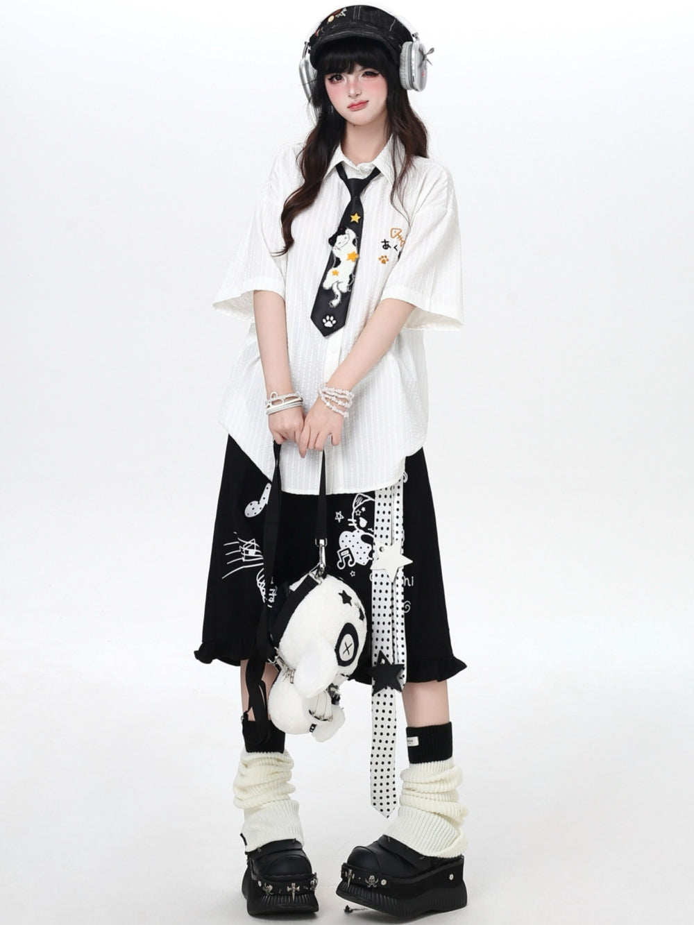 Cat Embroidery Striped Shirt