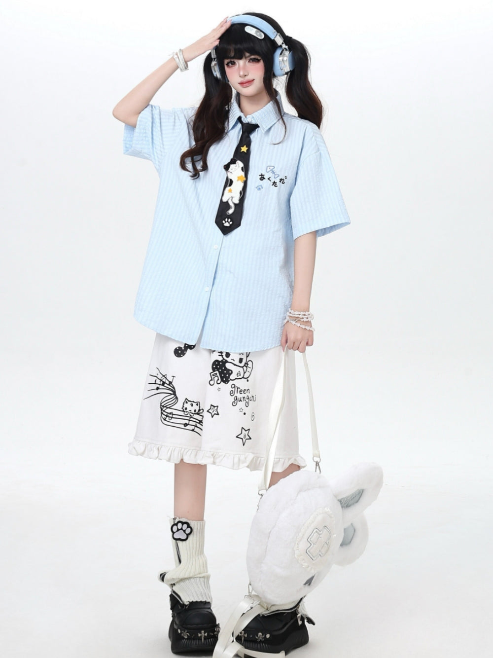 Cat Embroidery Striped Shirt