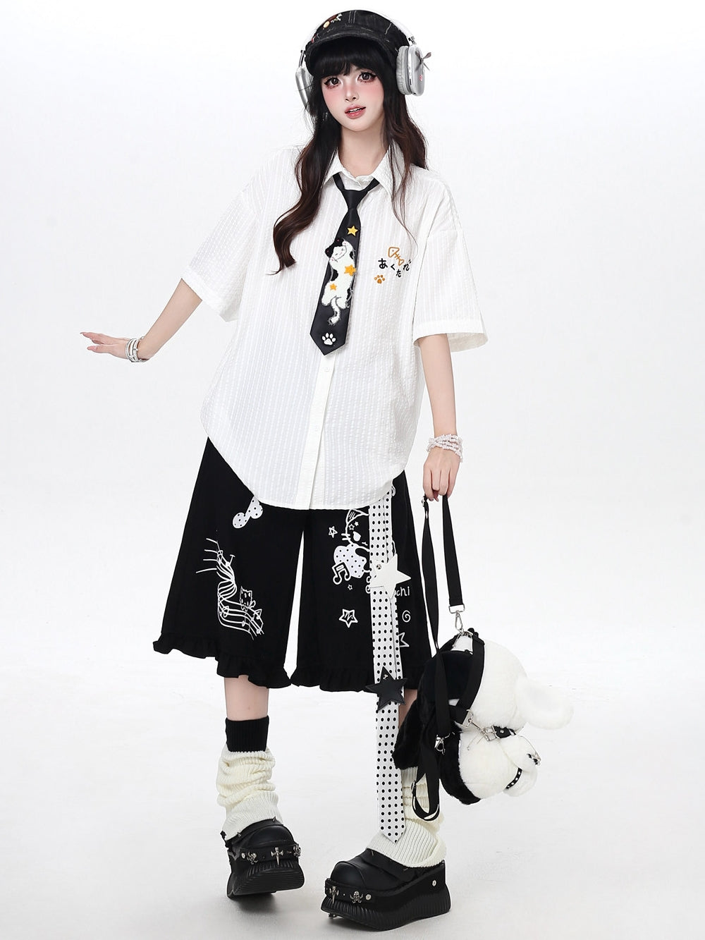 Cat Embroidery Striped Shirt
