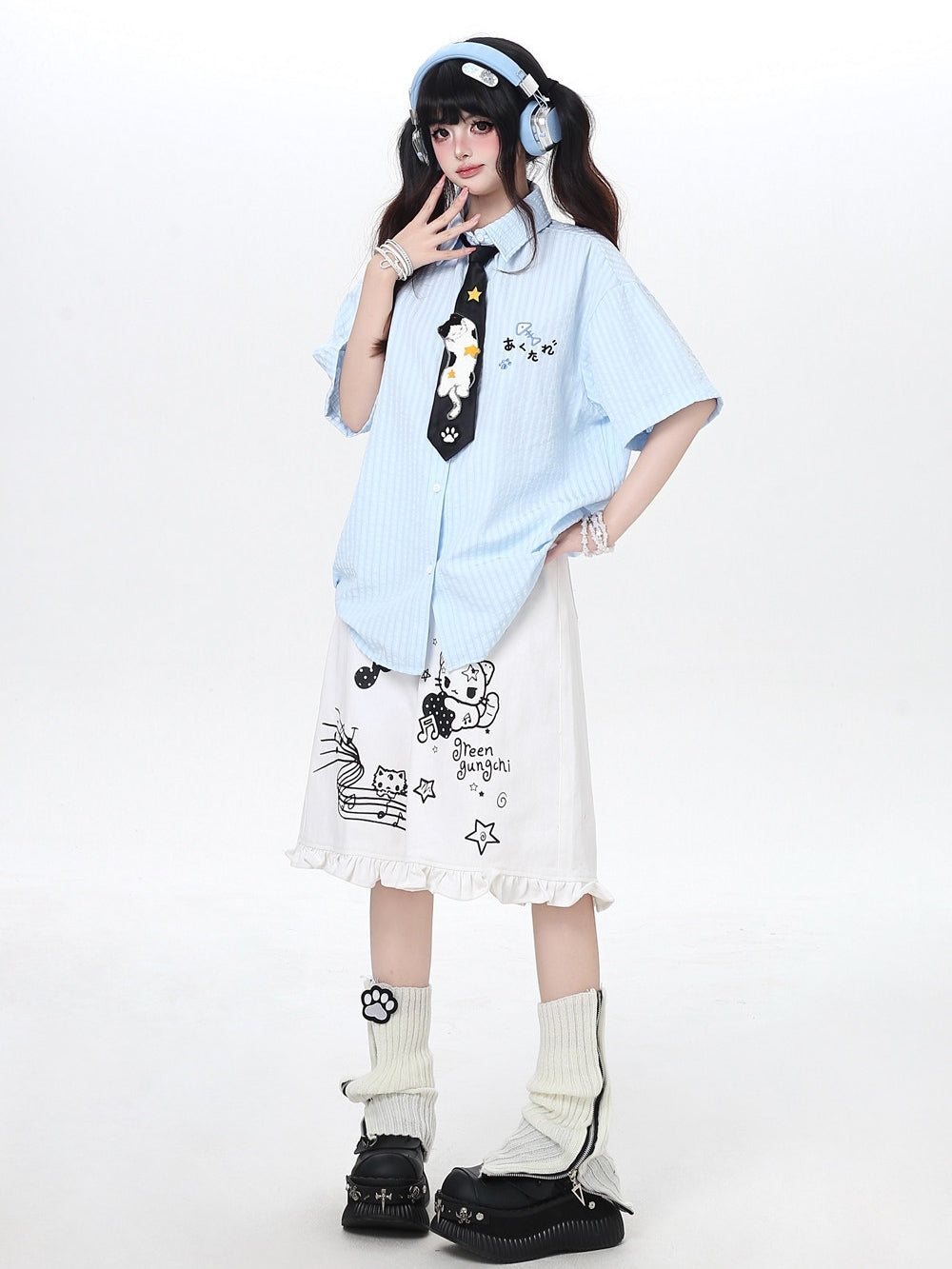 Cat Embroidery Striped Shirt