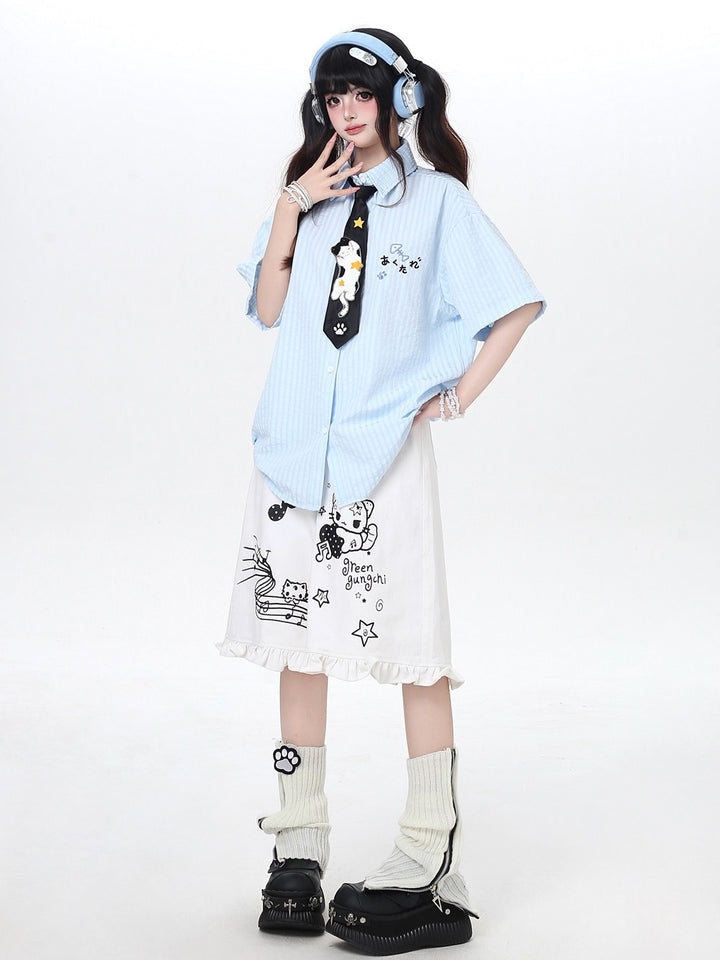 Cat Embroidery Striped Shirt