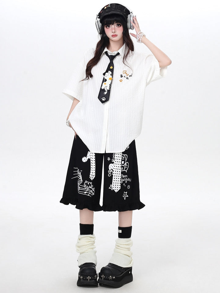 Cat Embroidery Striped Shirt