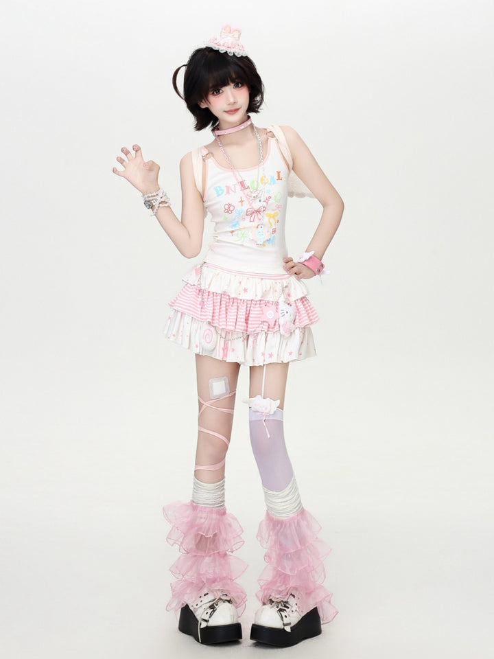 Model wearing a Cyber Y2K pink kawaii mini skirt with striped tiered ruffles and star prints.