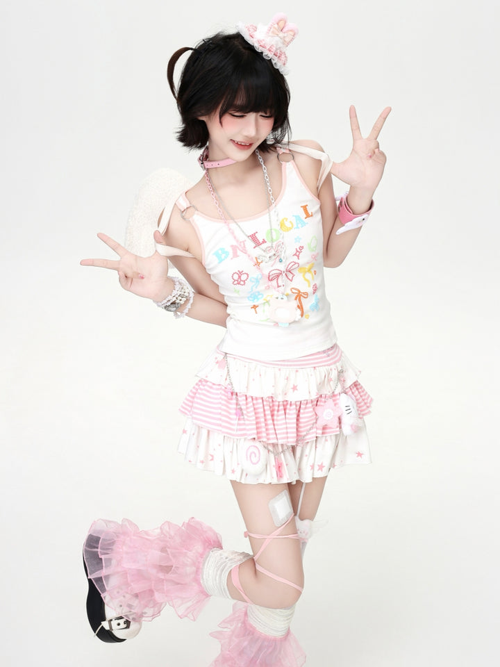 Star Striped Tiered Ruffle Mini Skirt