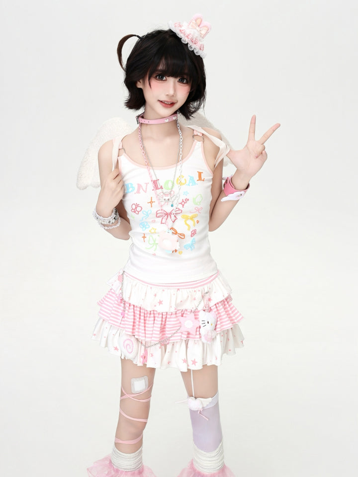 Star Striped Tiered Ruffle Mini Skirt