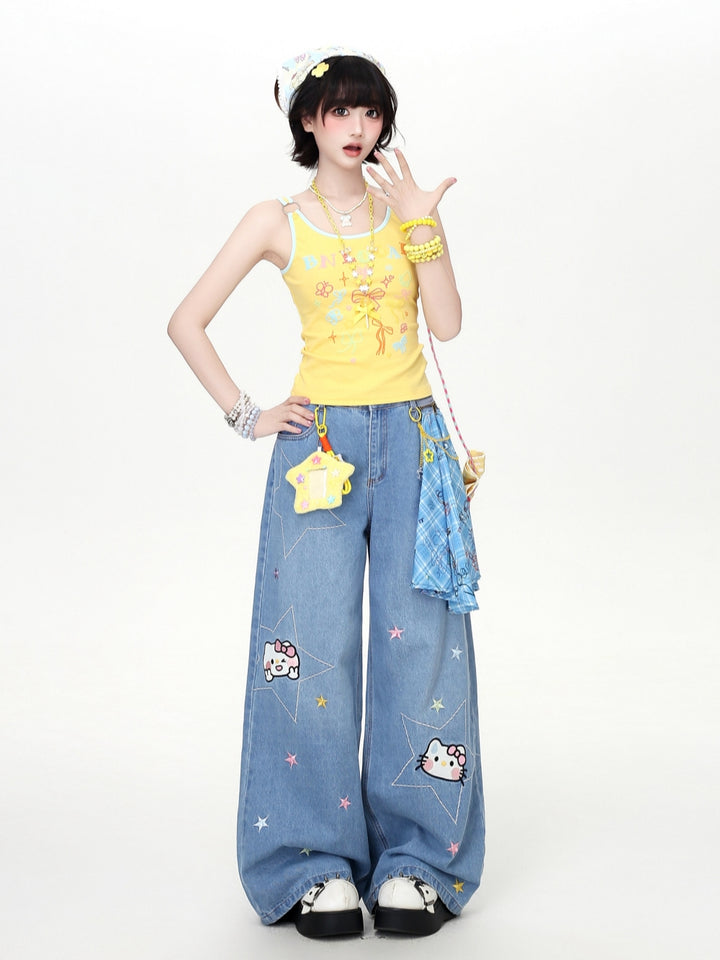 Model wearing a bright yellow and pastel blue Cyber Y2K kawaii aesthetic tank top with contrast trim and metal ring straps.