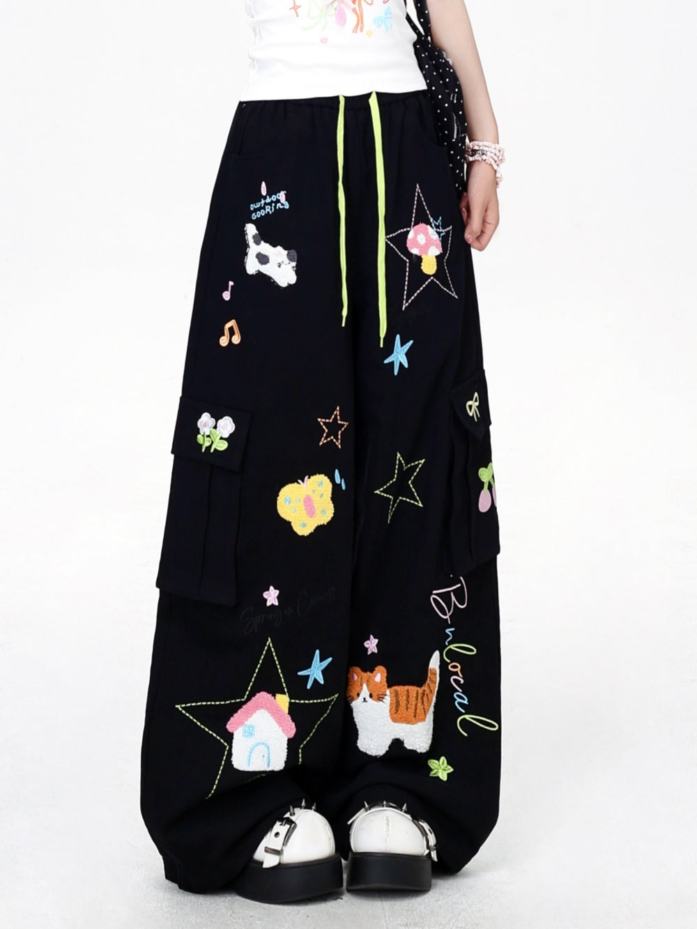 Cartoon Embroidery Drawstring Wide Leg Cargo Pants