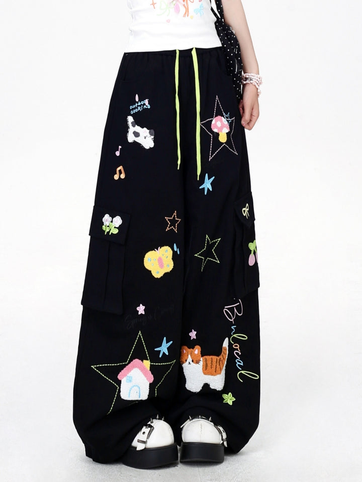 Cartoon Embroidery Drawstring Wide Leg Cargo Pants